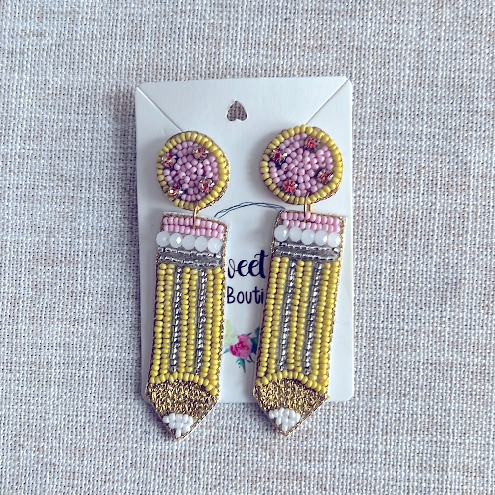 Teacher, pencil, beaded earrings, NWT